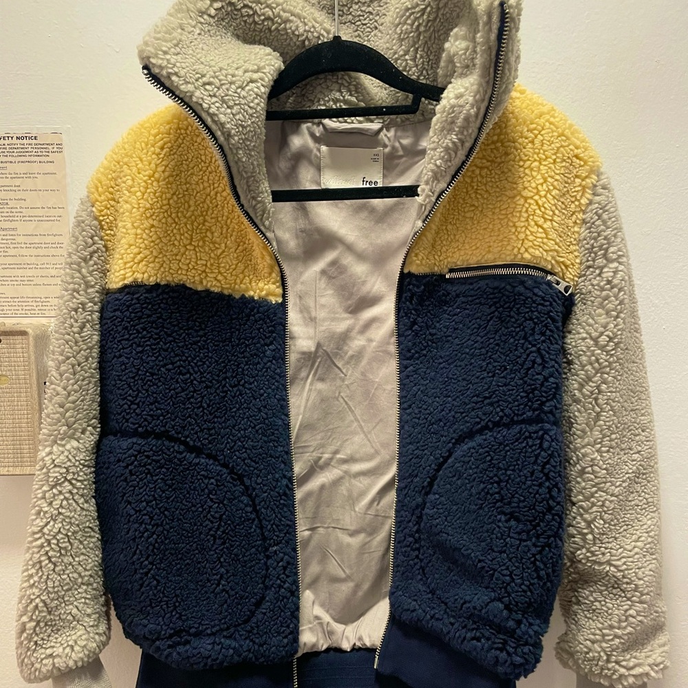 Wilfred tri color teddy jacket from Aritzia